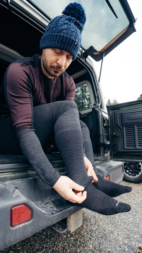 Instagram post by @marco.firouz for Smartwool. Caption reads: [...] settles in. That’s where Smartwool Intraknit....