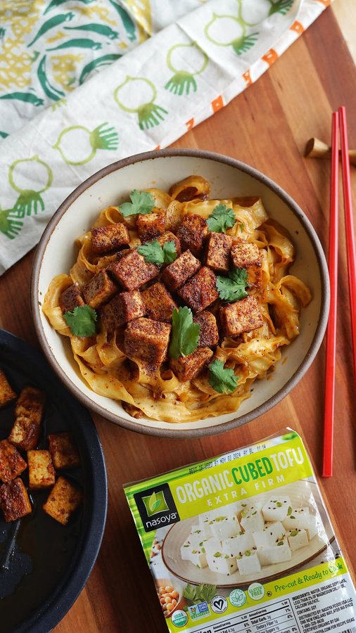 Instagram post by @tifflovestofu for Nasoya. Caption reads: Cumin Chili Spice Tofu with Shallot Noodles 🍜....