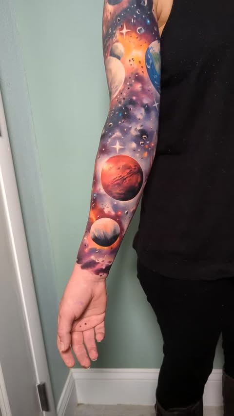 Instagram post by @inkbysaga for Cheyenne - Professional Tattoo Equipment. Caption reads: MARS ⃤Added to this full solar system sleeve while....