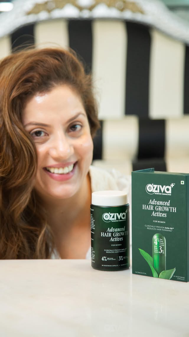 Instagram post by @nipunkapur for OZiva. Caption reads: I didn’t start taking hair supplements to “grow....