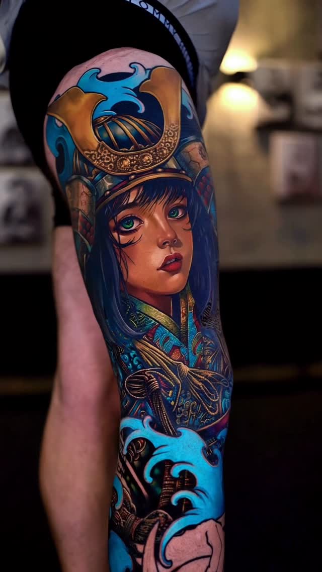 Instagram post by @lebenslaenglichtattoo for World Famous Tattoo Ink. Caption reads: In progress…. Done with @acus_tattoomachines....