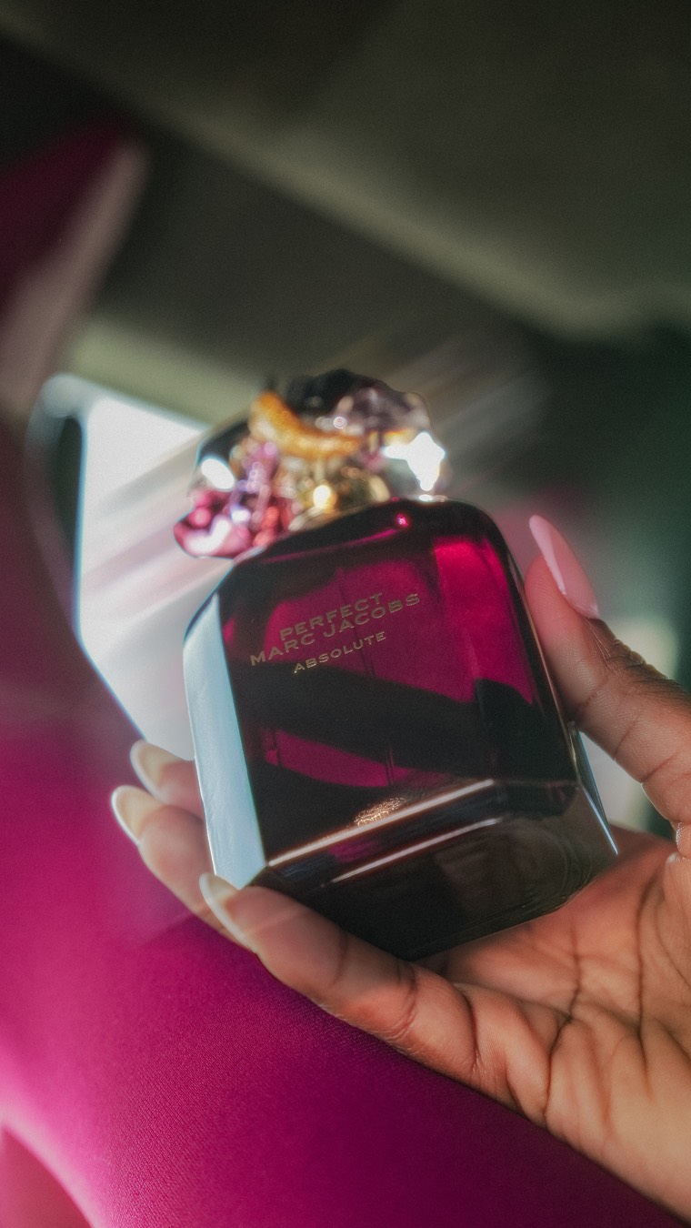 Instagram post by @bobbipeaches for Marc Jacobs Fragrances. Caption reads: With Perfect Marc Jacobs Absolute, I can exude....