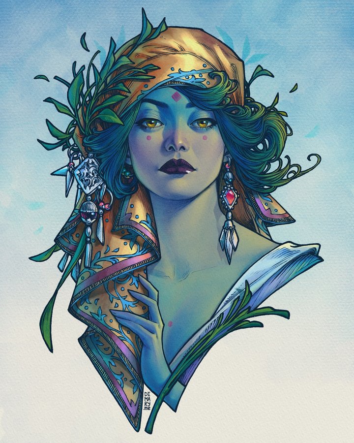 Instagram post by @mary_dimary for Procreate. Caption reads: Oracle Witch 🌱🔹🌿
Tbt to the piece I created....