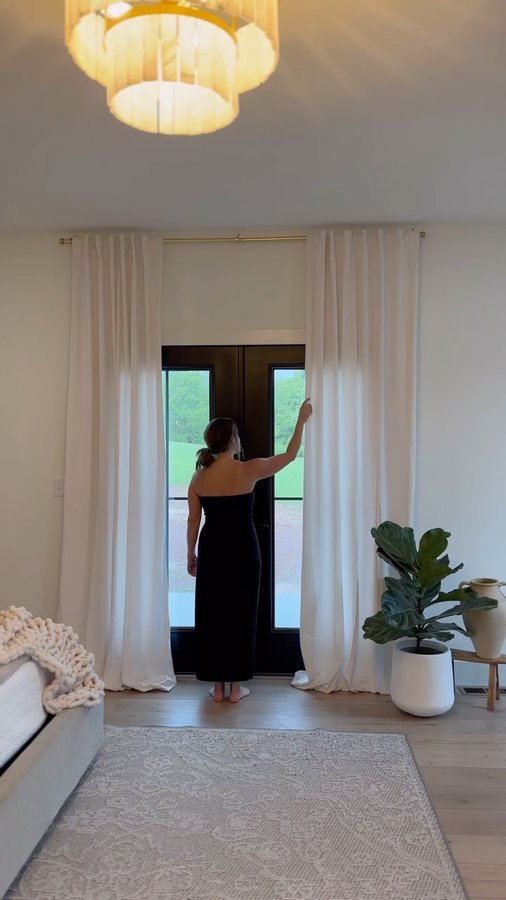 Instagram post by @itsamandahunter for Half Price Drapes. Caption reads: [...] Velvet Room Darkening Curtains by....