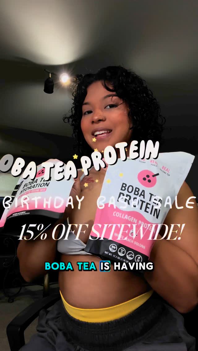 Instagram post by @laq.lifts for Boba Tea Protein. Caption reads: 🎊 HAPPY 4TH BIRTHDAY to @bobateaprotein 😎 15%....