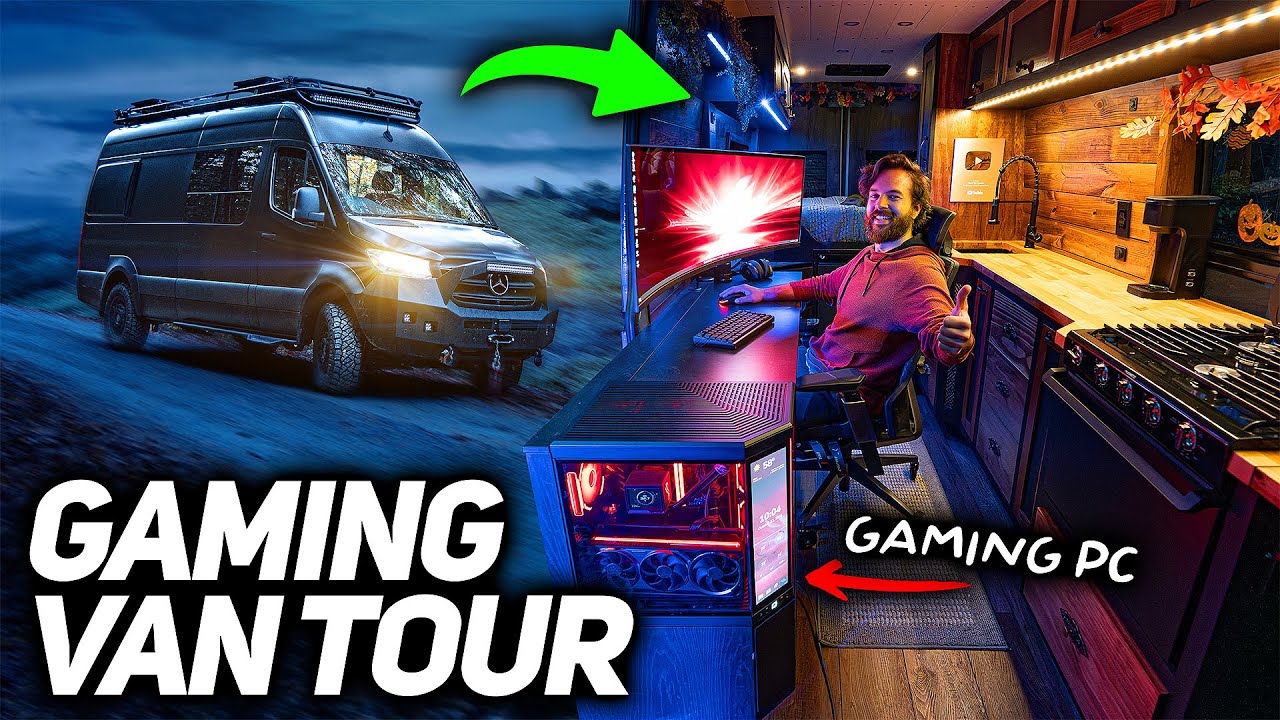 YouTube post by @TrentTheTraveler for Battle Born Batteries. Caption reads: ULTIMATE 4x4 GAMING CAMPER VAN TOUR (Dream Gaming....