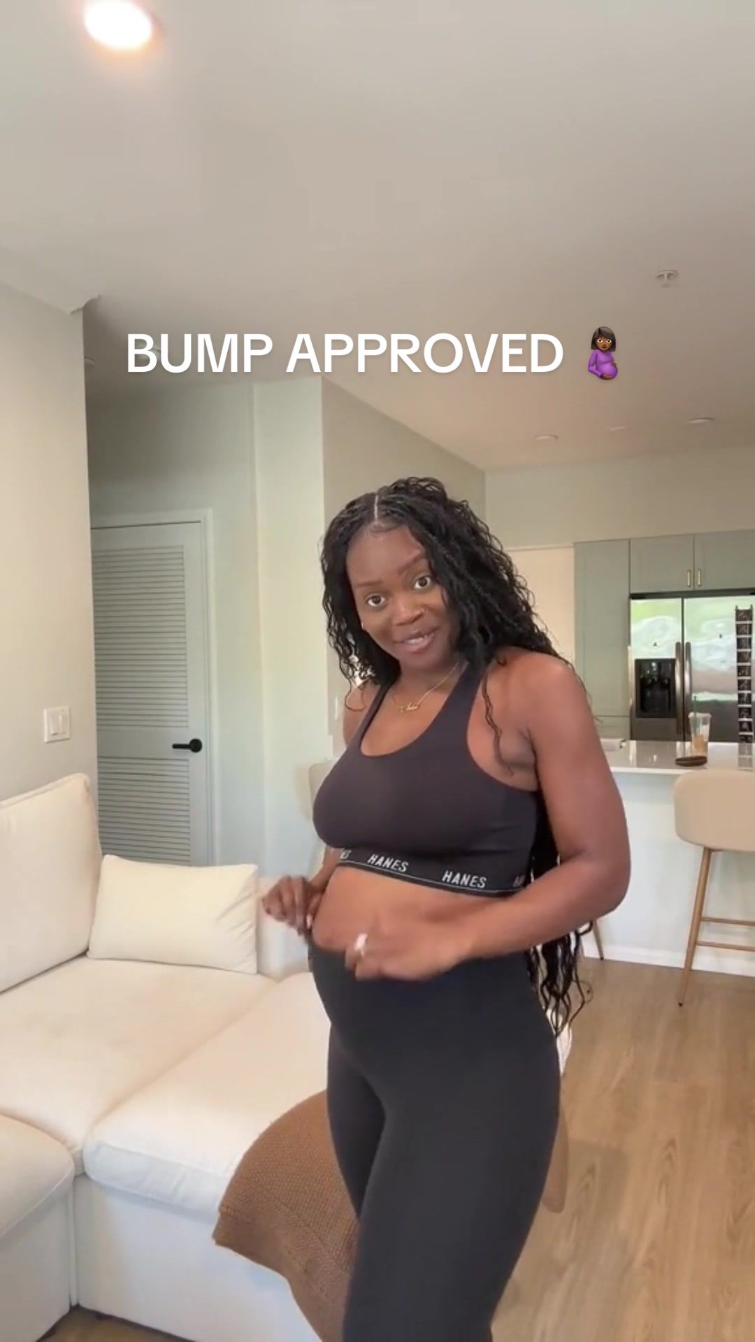 TikTok post by @itsamberdesiree for Hanes. Caption reads: Hot Girl Walk (and bump) certified in my @Hanes....