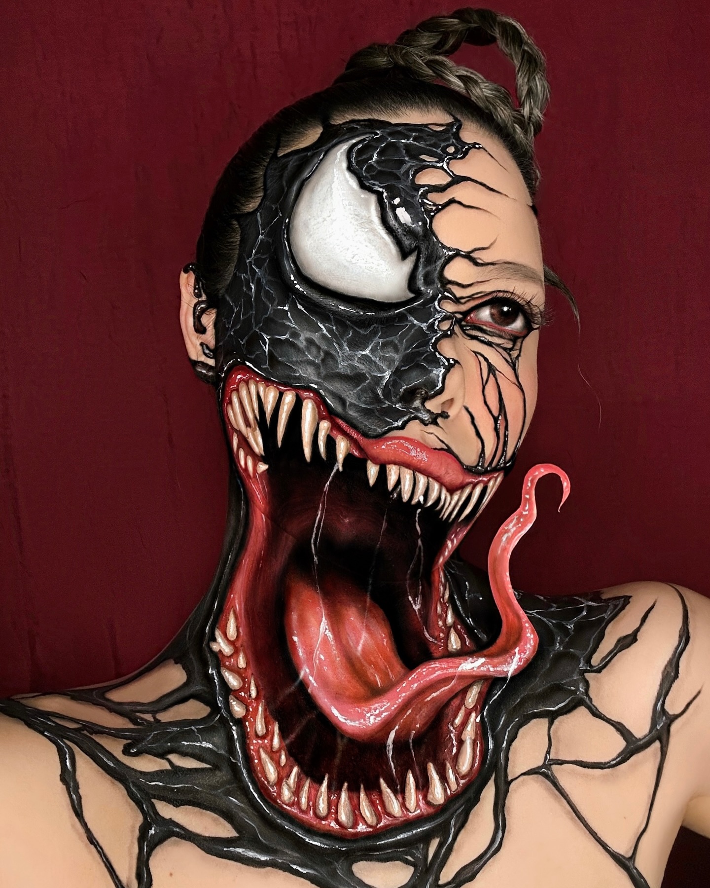 Instagram post by @mimles for Mehron Makeup. Caption reads: #ad Get ready for the ultimate ride 🕷️💥 VENOM:....