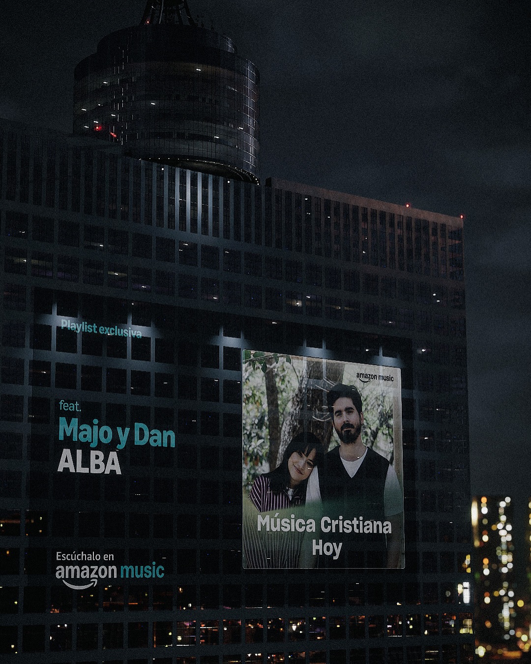 Instagram post by @majoydan for Amazon Music. Caption reads: ALBA ya está en todos lados, hasta en el WTC!!....