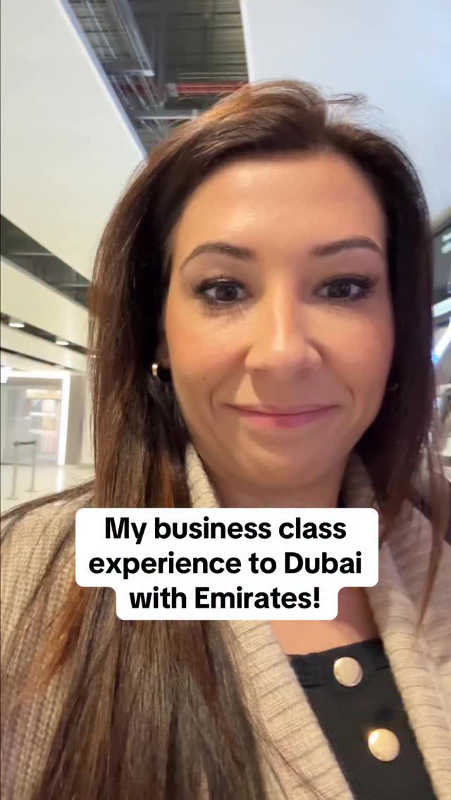 Instagram post by @abi_hookway for Emirates. Caption reads: My business class experience to Dubai with....