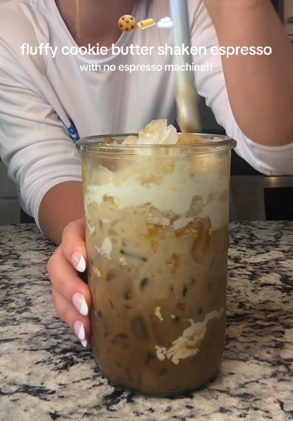 TikTok post by @kceastlanddd for Syruvia. Caption reads: At home Fluffy cookie butter shaken espresso....