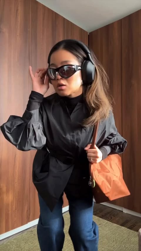 Instagram post by @rachspeed for Longchamp. Caption reads: one outfit, two moods with @longchamp eyewear....