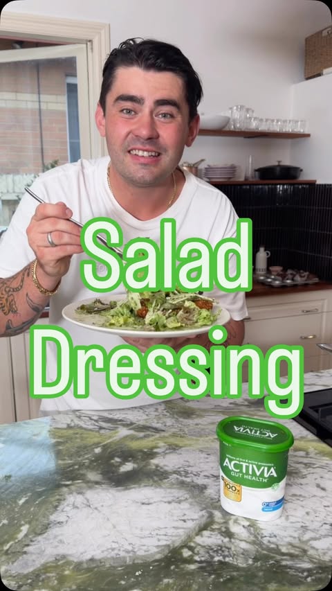 Instagram post by @declancleary for Activia. Caption reads: [...] gut healthy* ceaser dressing made with....