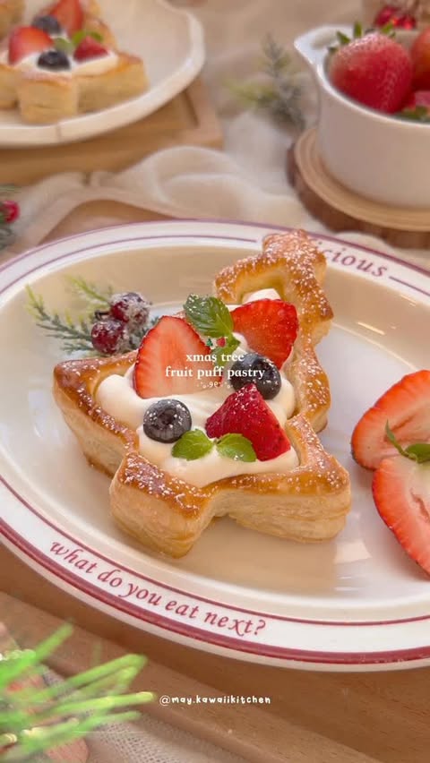 Instagram post by @may.kawaiikitchen for Lifeway Foods. Caption reads: Christmas Tree Fruit Cream Puff Pastry....