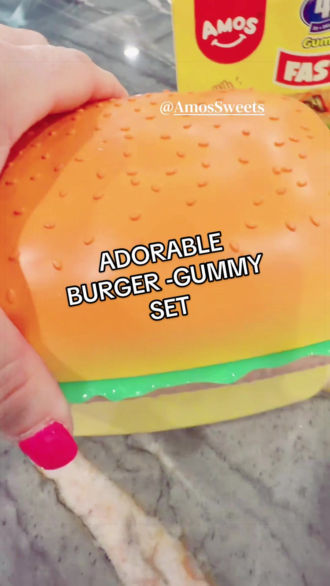TikTok post by @dianaweger for Amos Sweets. Caption reads: [...] a burger so it’s even better!! 🍔....