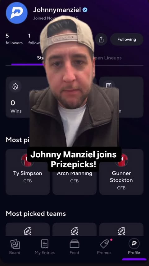 Instagram post by @glorydazepod for PrizePicks. Caption reads: @jmanziel2 has officially joined the @PrizePicks....