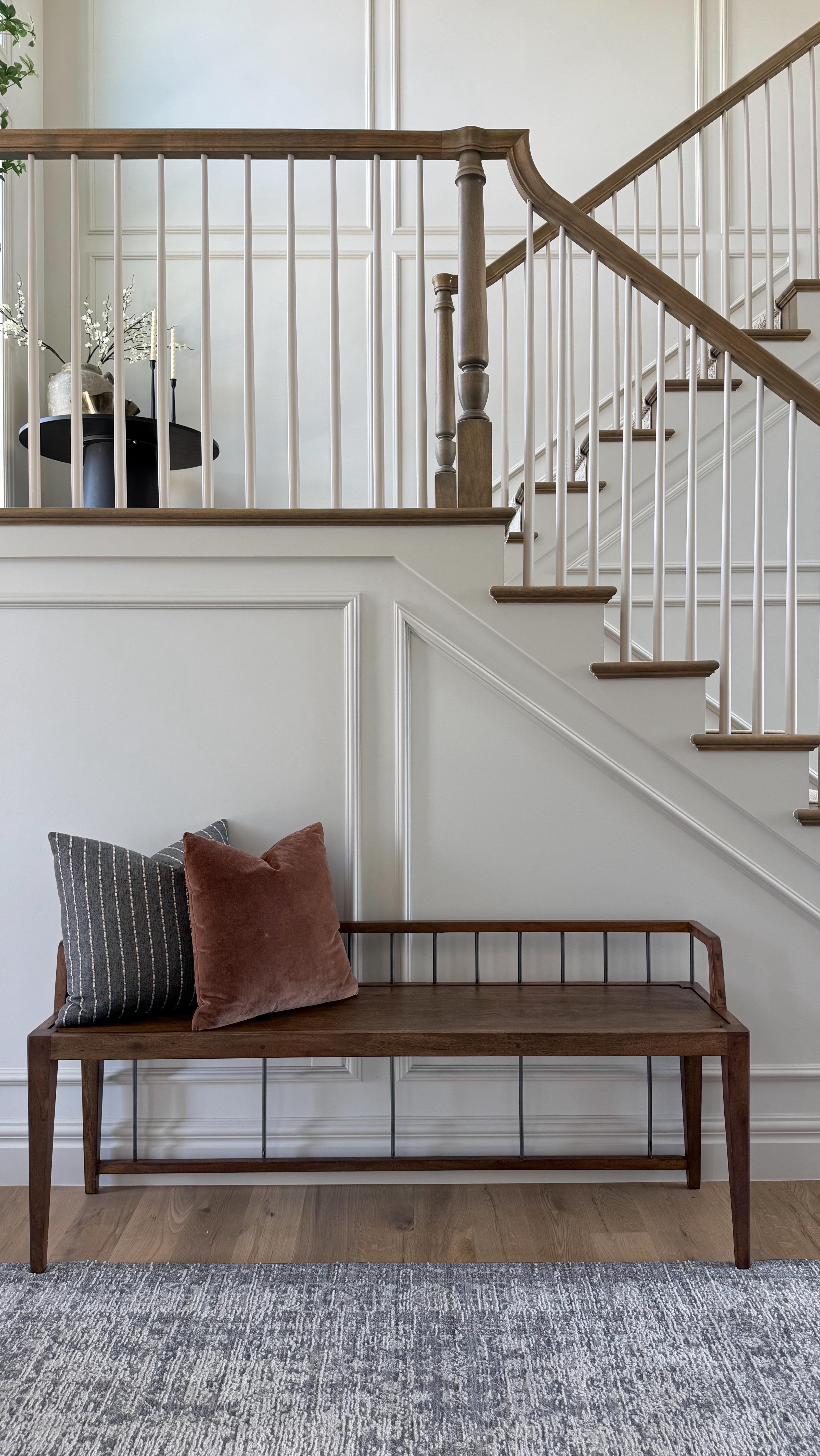Instagram post by @stonebrook.home for Wayfair. Caption reads: Including my #1 fan-favorite bench. 🤌♥️ Type SHOP....