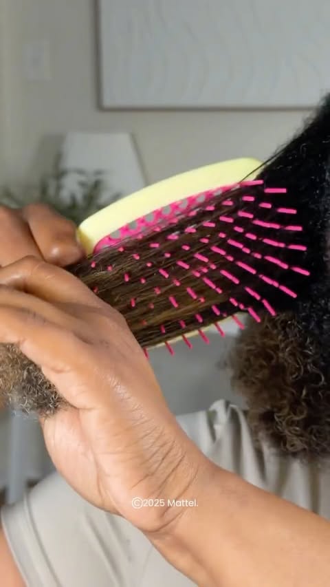 Instagram post by @knzyrae for FHI Heat. Caption reads: #ad Thanks to @fhiheat and @barbie , detangling....