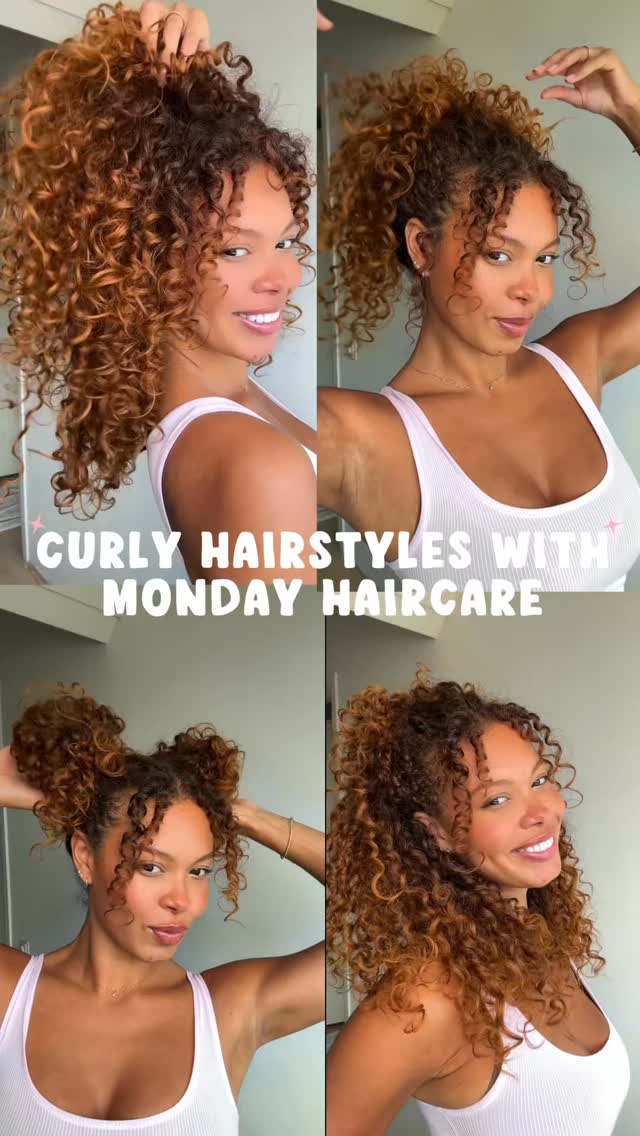 Instagram post by @aureefabienne for MONDAY Haircare. Caption reads: 4 easy curly hairstyles with @mondayhaircare !🩷....