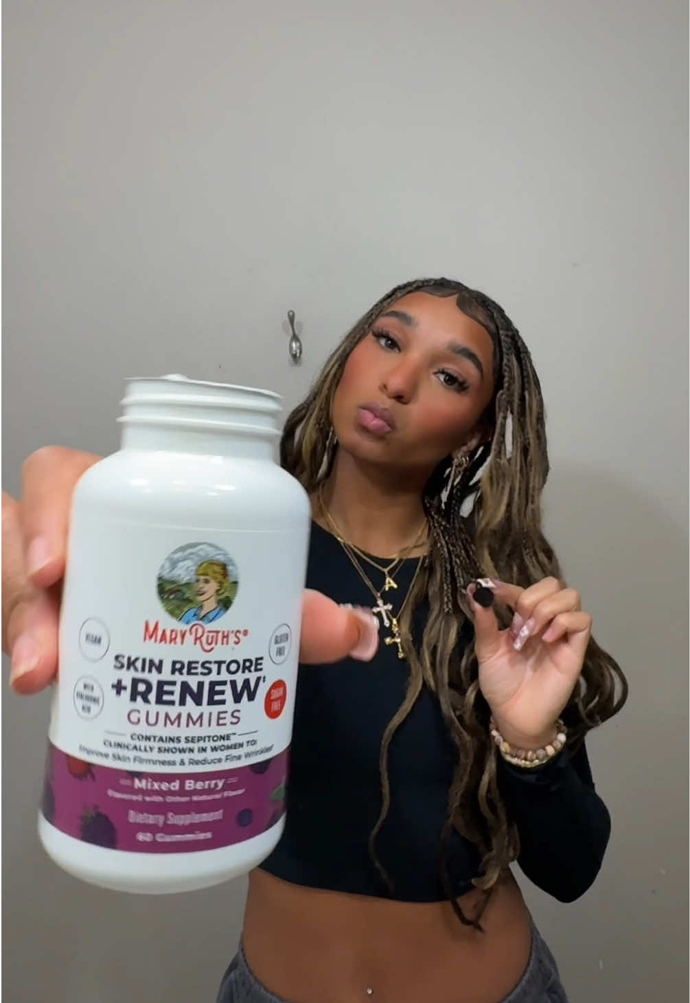 TikTok post by @_jaidabell for MaryRuth Organics. Caption reads: Back in my routine with MaryRuth's 🤍 Two gummies....