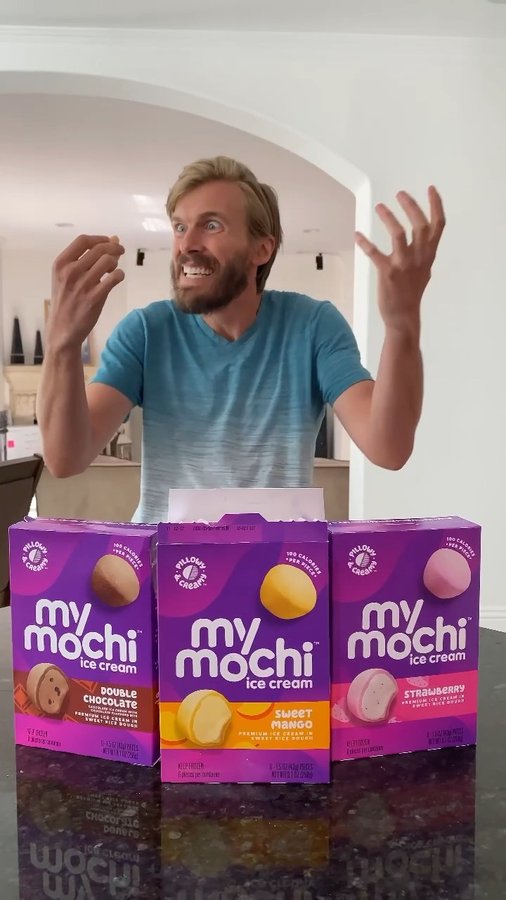 Instagram post by @mannbilly for My/Mochi. Caption reads: Show the face you make when biting into it with....