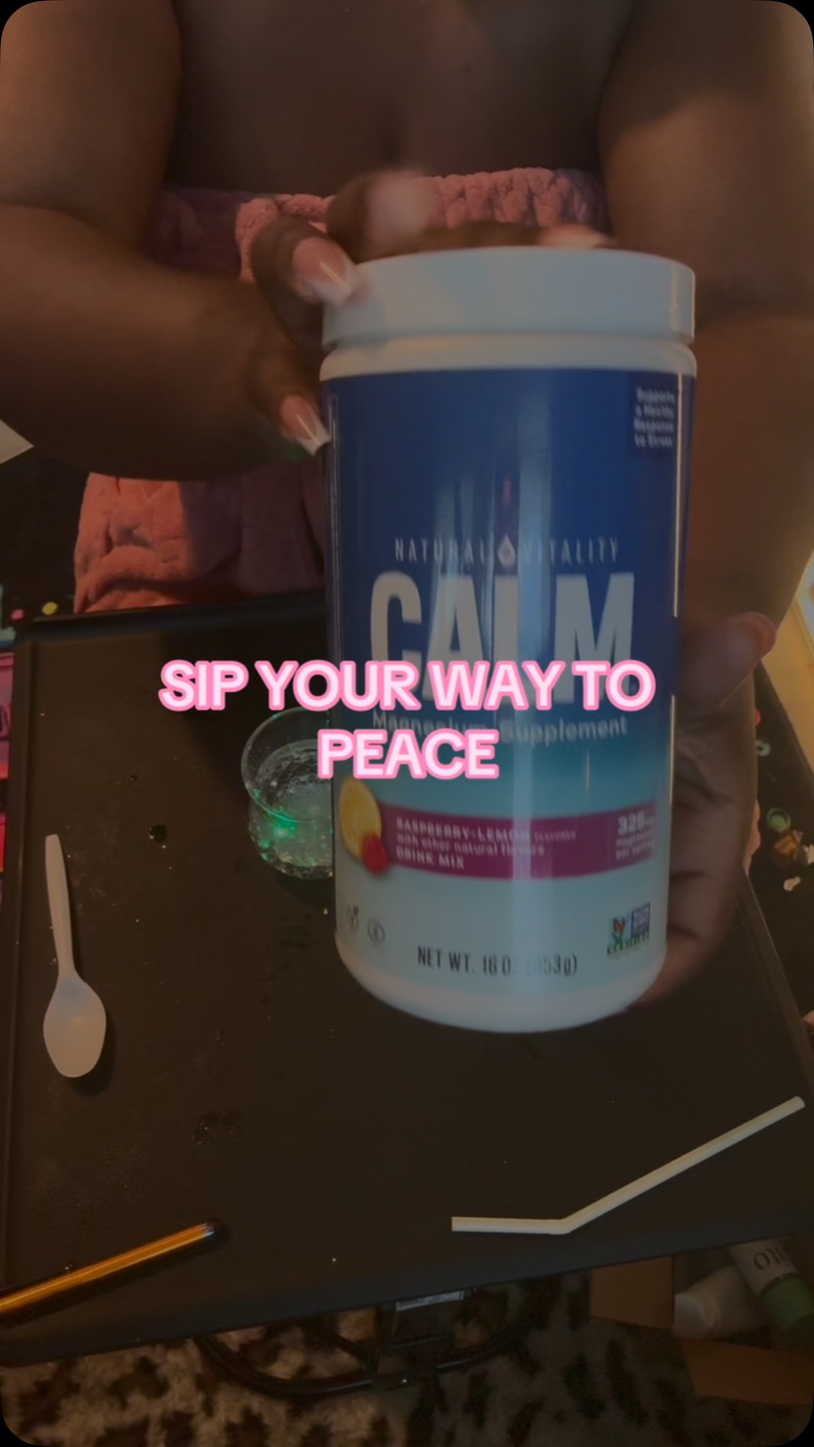 Instagram post by @loving_rj04 for Natural Vitality. Caption reads: THIS CALM DRINK WAS GIFTED TO ME BY TIKTOK, AND....