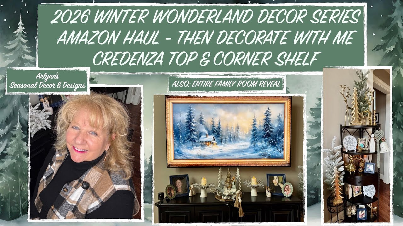 YouTube post by @ArlynnsSeasonalDecorAndDesigns for Hobby Lobby. Caption reads: '26 WINTER WONDERLAND SERIES-AMAZON HAUL-DECORATE....