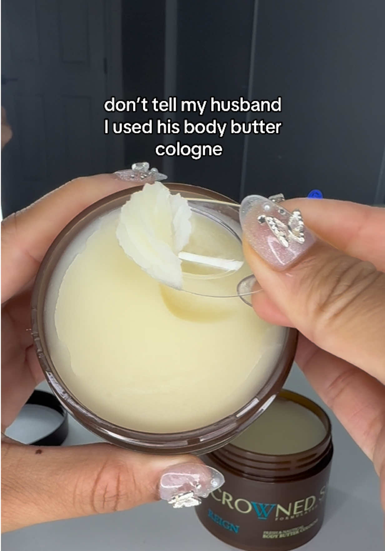 TikTok post by @soy.marleny for Crowned Skin. Caption reads: @Crowned Skin Body Butter Cologne his fav is REIGN....