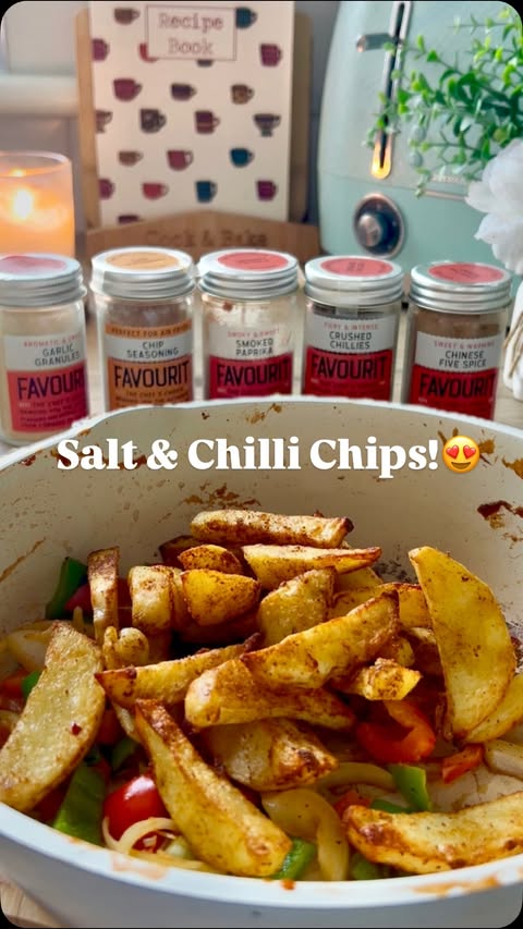 Instagram post by @eimers_eats for Favourit Foods Ltd. Caption reads: Salt & Chilli Chips using some of @favouritfoods....
