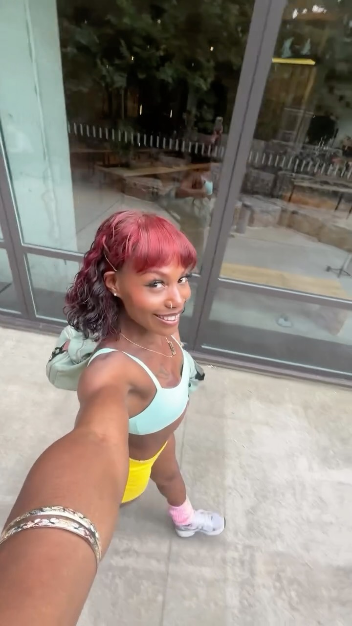 Instagram post by @iamuniquehope for Outdoor Voices. Caption reads: Otw 💨 in my @outdoorvoices Gemini Short + Solar....
