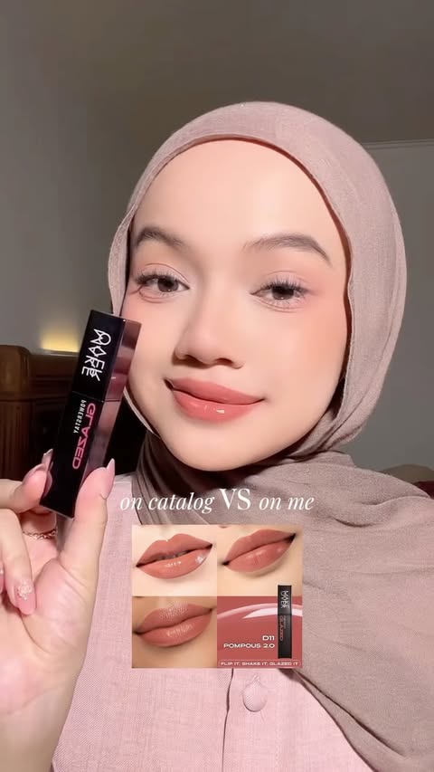 Instagram post by @widnii.n for MAKE OVER Cosmetics. Caption reads: on catalog vs on me Powerstay Glazed @makeoverid....