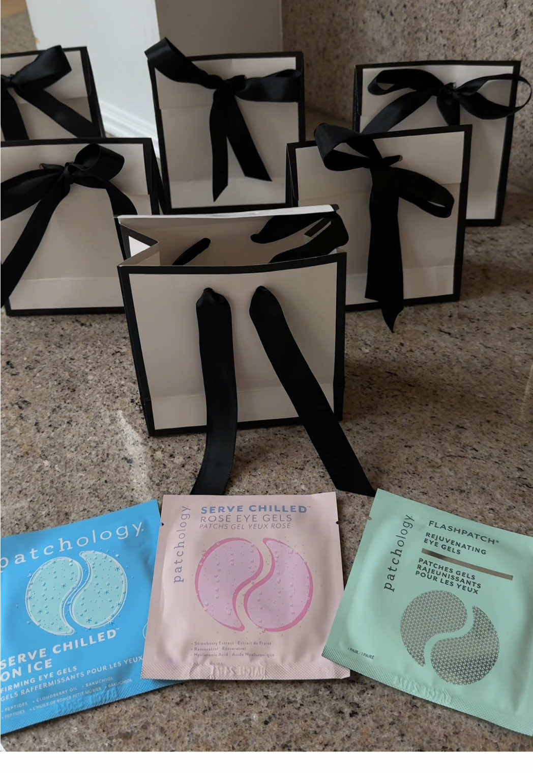 TikTok post by @belluccia for Patchology. Caption reads: Pack one of my gift bags for my bridesmaids 🤍....