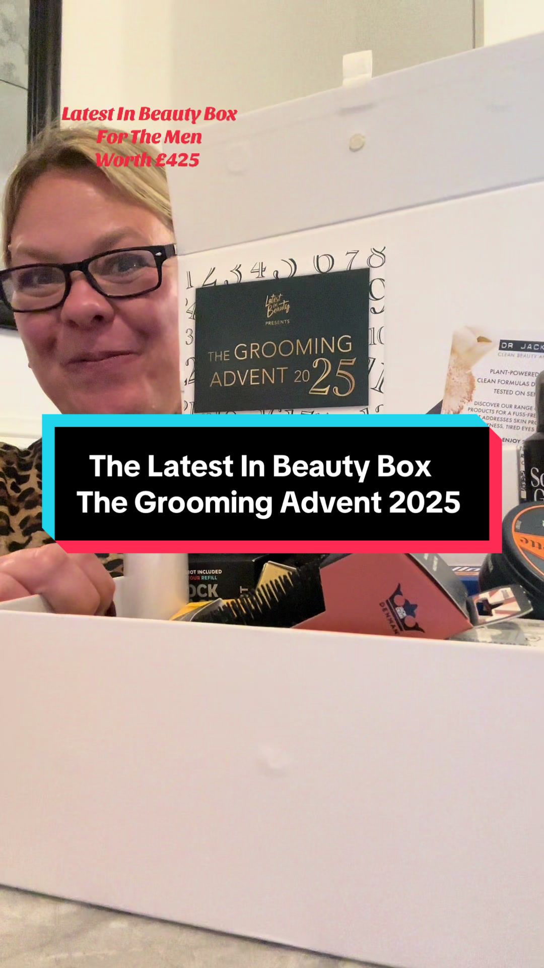 TikTok post by @teresa_serena for Latest in Beauty. Caption reads: A Beauty Box For The Men!! The 25 Days Of Grooming....