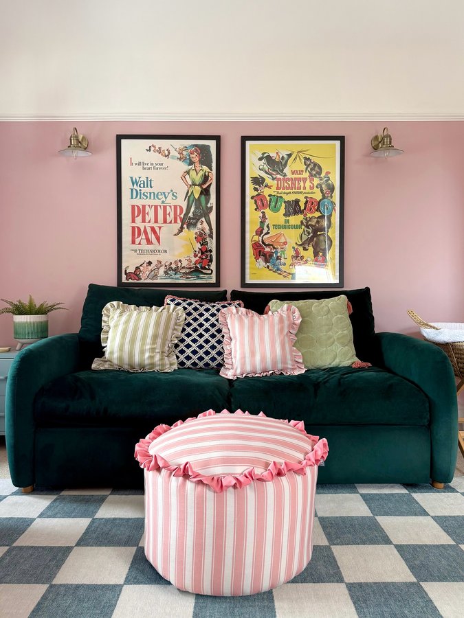 Instagram post by @megmonde for rucomfy beanbags. Caption reads: Me 🤝 my pink living room 🩷 pouffe beanbag and....