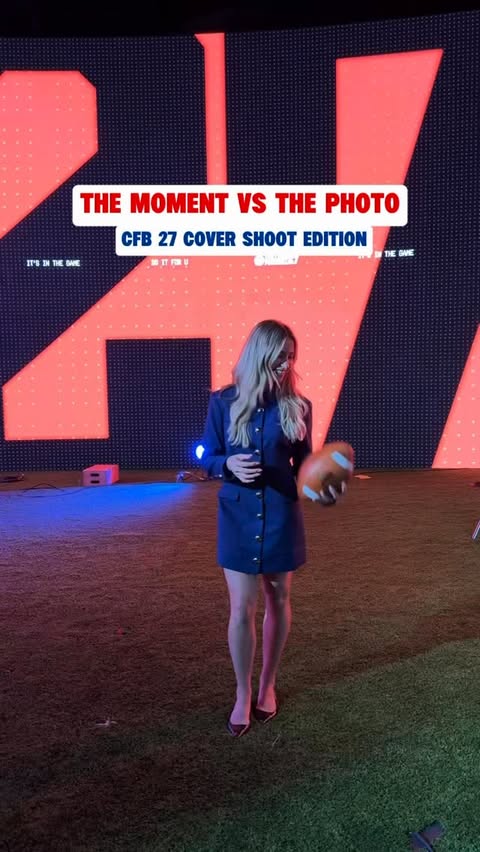 Instagram post by @katiefeeneyy for EA SPORTS College Football. Caption reads: Behind the scenes of the @easportscollege cover....