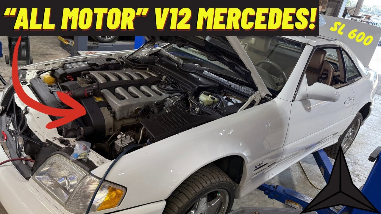 YouTube post by @RainmanRaysRepairs for AMSOIL INC. Caption reads: ALL MOTOR! Super Rare Mercedes Benz Sl600 V12! .