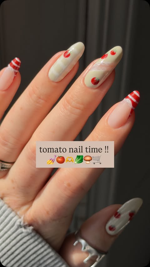 Instagram post by @thegraytergood for essie. Caption reads: [...] from the produce section💅🍅🥬🍄‍🟫 @essie....