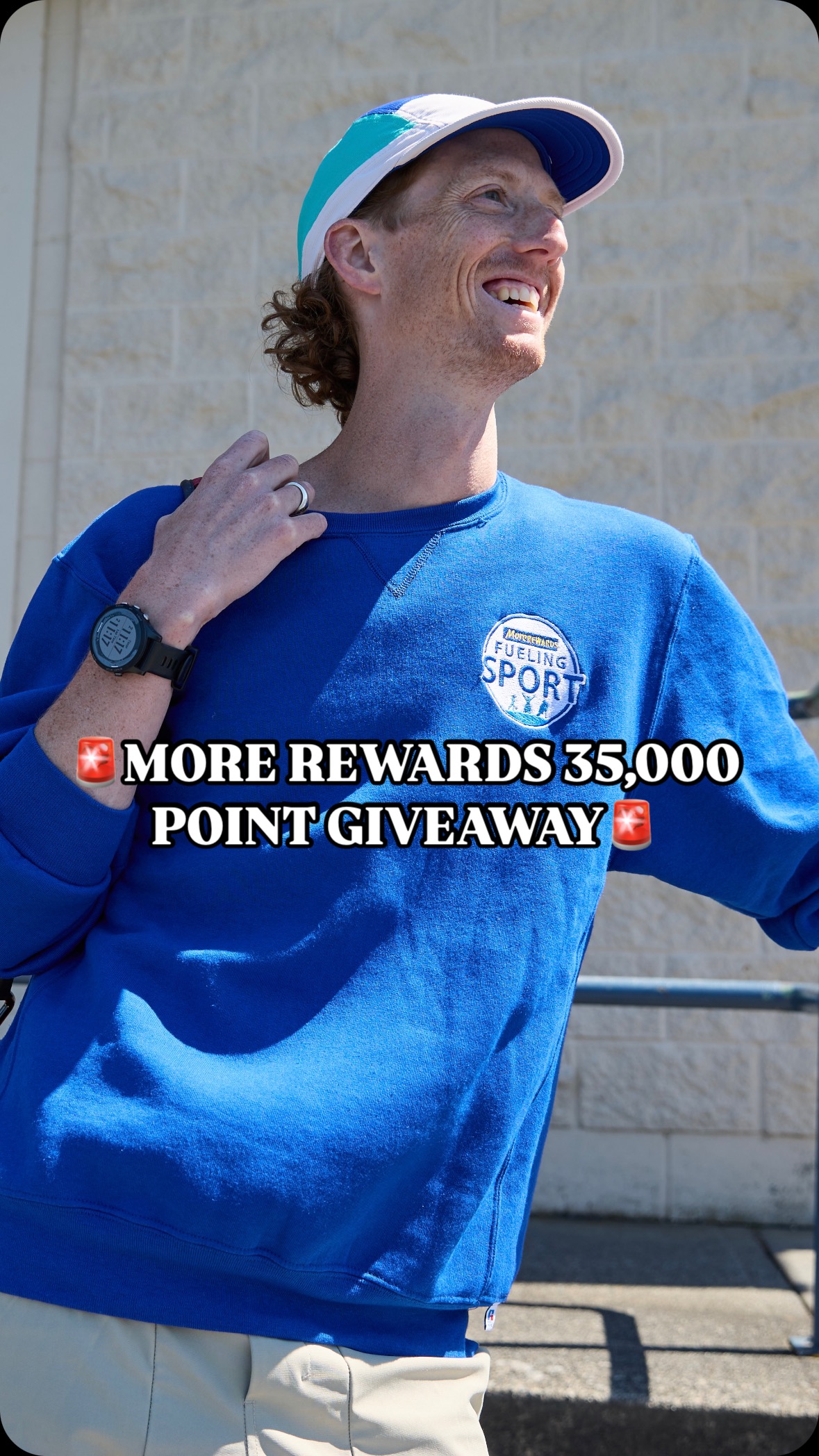 Instagram post by @evandunfee for More Rewards. Caption reads: To celebrate my recent 35km race walk world record....