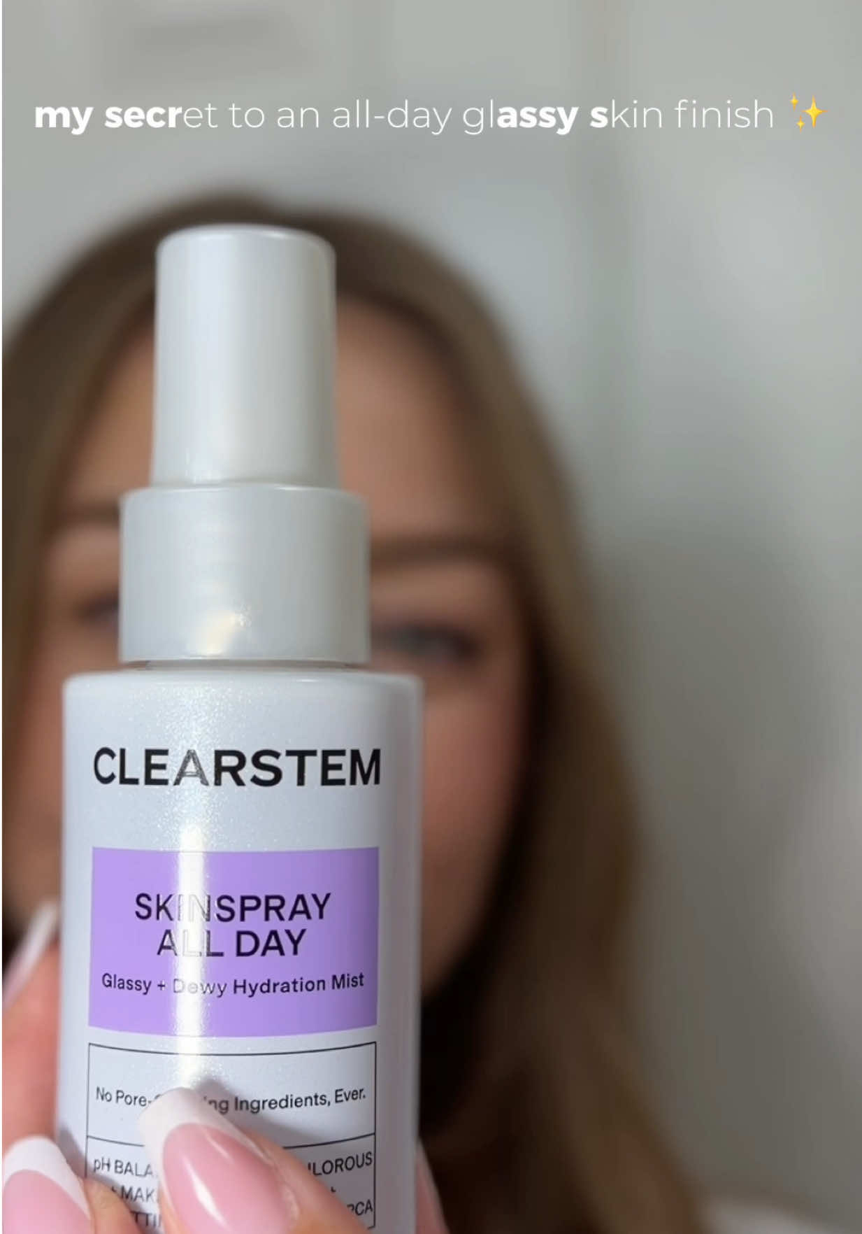 TikTok post by @katarina_mom for CLEARSTEM Skincare. Caption reads: [...] to that glassy, dewy finish ✨ @CLEARSTEM....