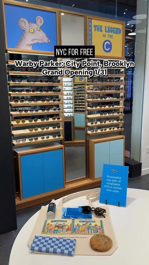 Instagram post by @nyc_forfree for Warby Parker. Caption reads: There’s a new @WarbyParker store at City Point in....