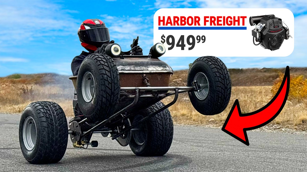 YouTube post by @Bummotorsport for Goldbelly. Caption reads: 670cc Harbor Freight Mini Rat Rod First Drive!.