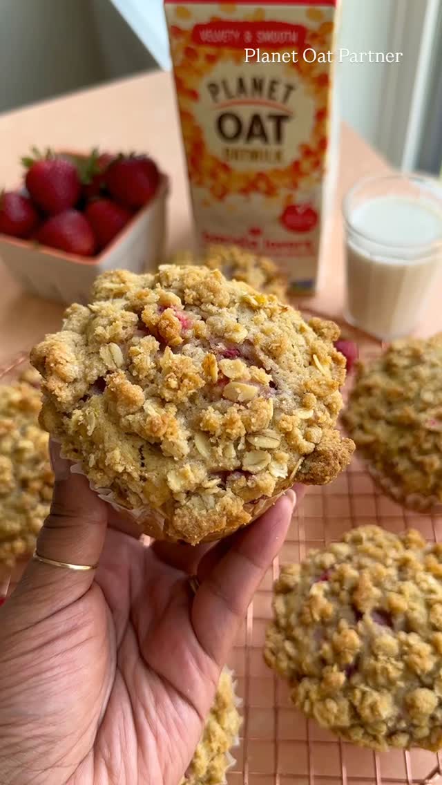 Instagram post by @allthehealthythings for Planet Oat. Caption reads: Bakery Style Strawberry Muffins!....