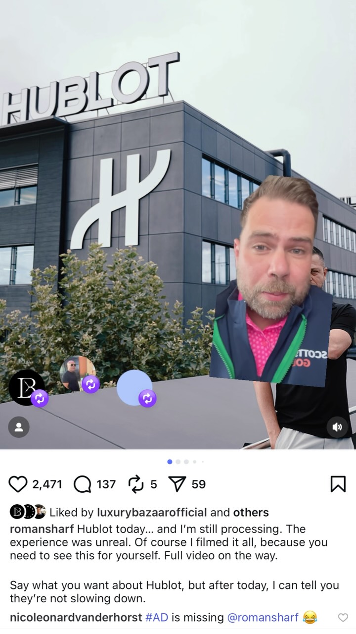 Instagram post by @nicoleonardvanderhorst for Hublot. Caption reads: After all those years, @hublot wants to meet up,....