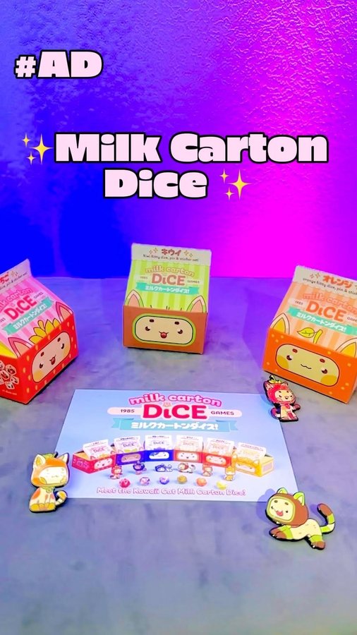 Instagram post by @sunflow3rsamurai for 1985 Games. Caption reads: [...] kawaii dice sets created by @1985games....
