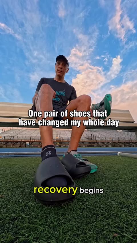 Instagram post by @runningwithlucho for OOFOS. Caption reads: [...] take off my running shoes and put on my....