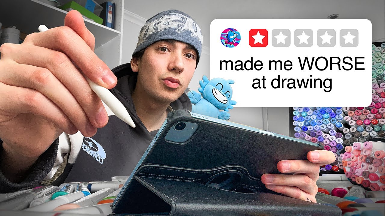 YouTube post by @Shrimpy for Paperlike. Caption reads: I Tested 1-STAR Drawing Apps... 👀🎨.