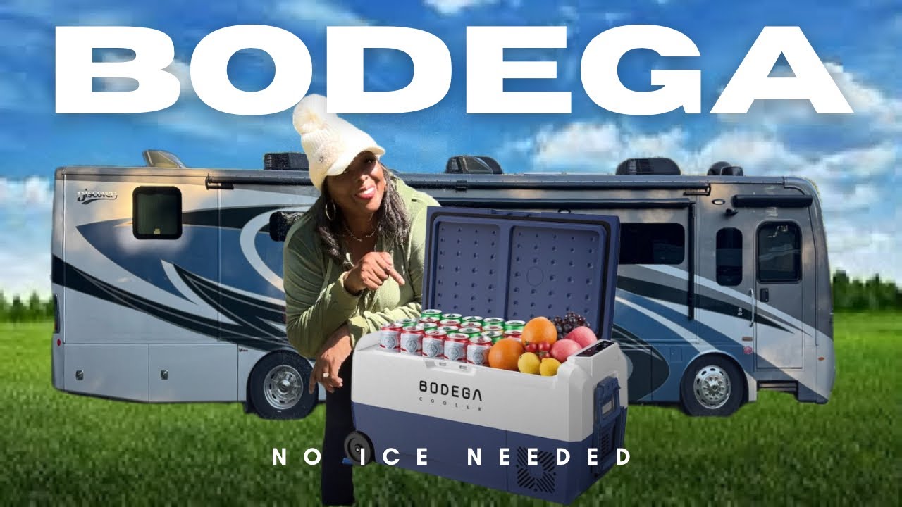YouTube post by @GlampingWithTheCoopers for BODEGAcooler. Caption reads: No Ice Needed | Bodega Electric Cooler.