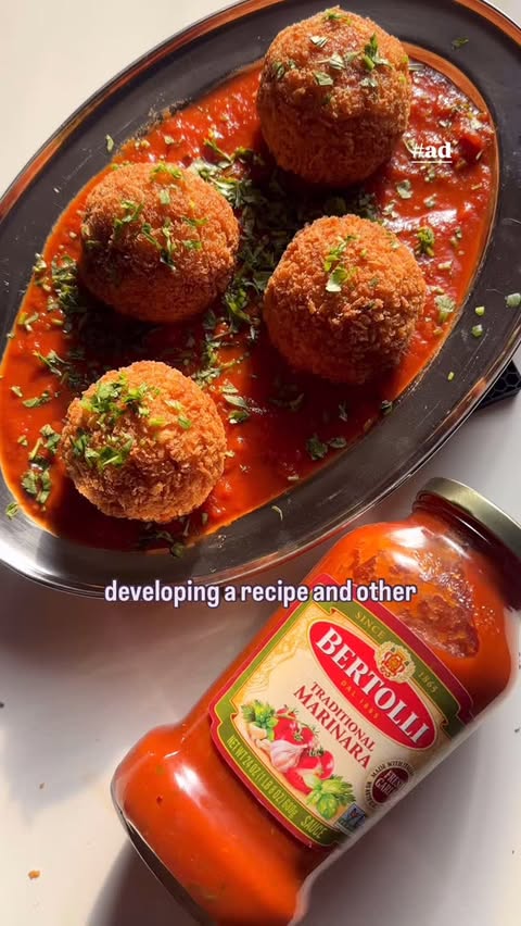 Instagram post by @sophandspice for Bertolli. Caption reads: [...] fried kebab meatballs with achari....