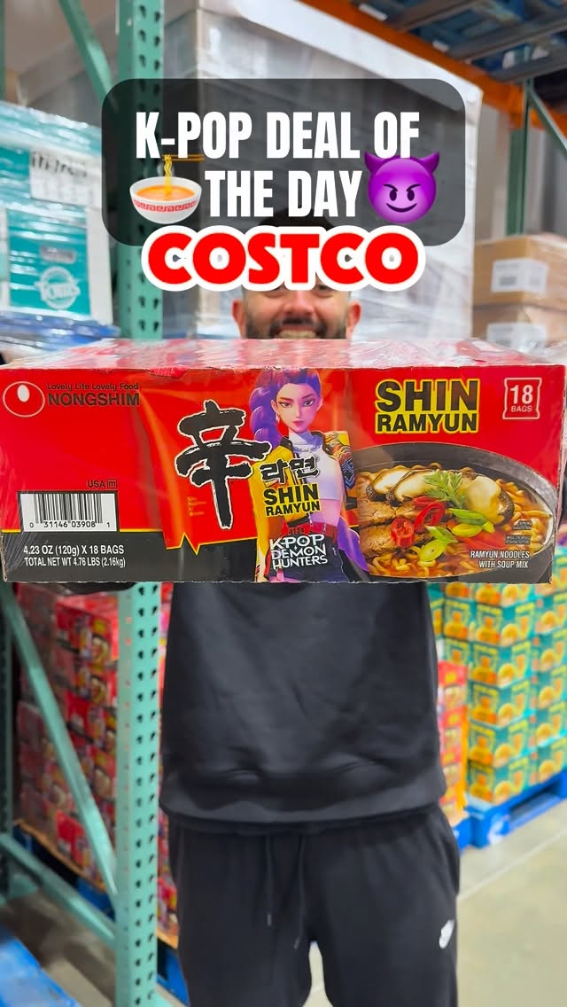 Instagram post by @costcochika for Nongshim USA. Caption reads: Costco just stocked the K-POP Demon Hunter Shin....