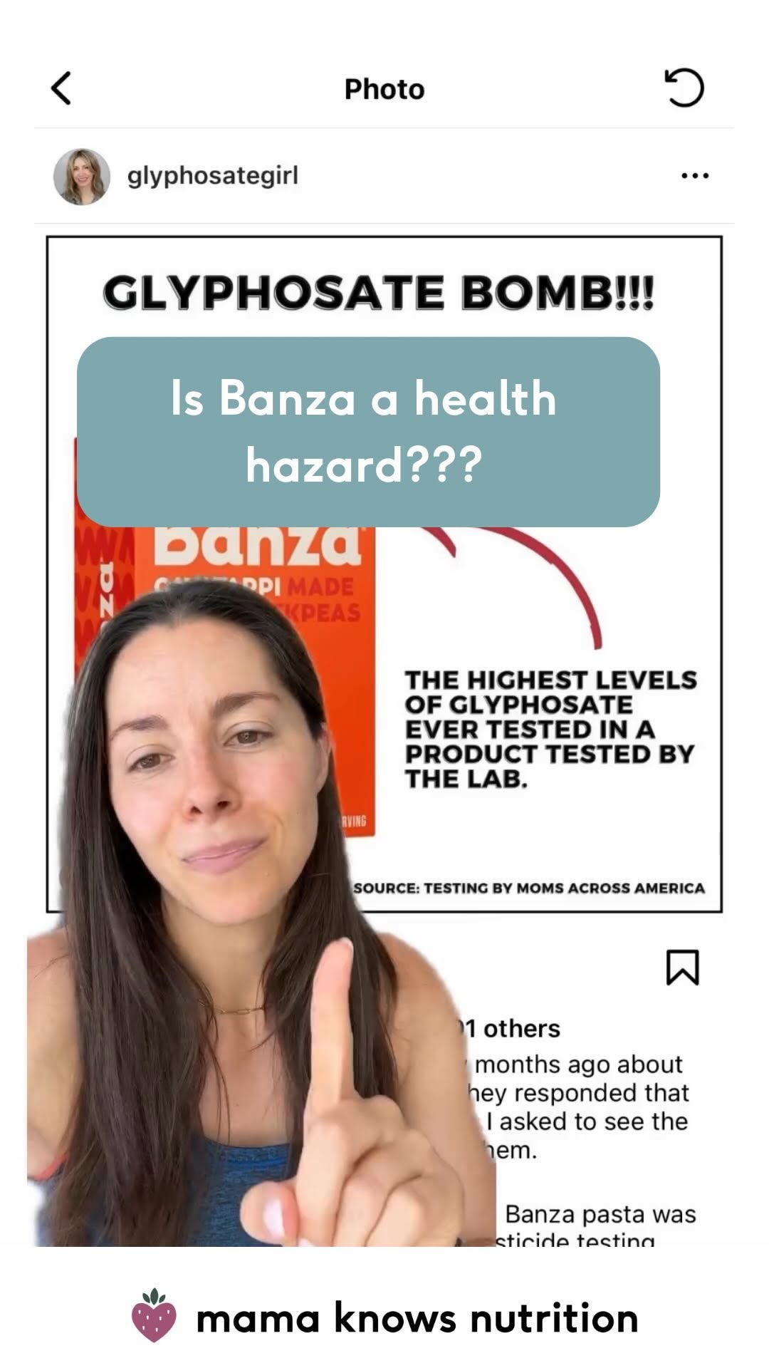 Instagram post by @mamaknowsnutrition for Banza. Caption reads: Feel free to visit this website....